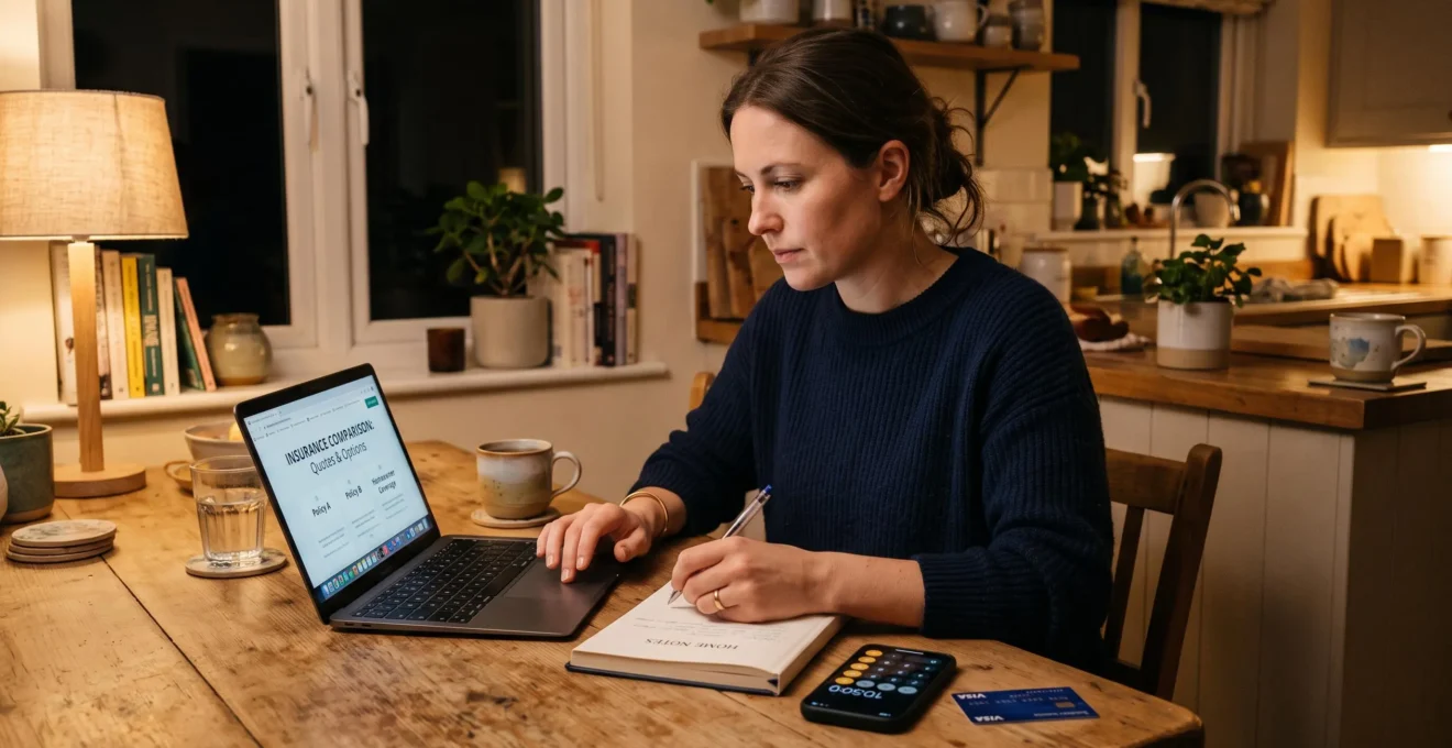 Une femme compare des formules d'assurance sur ordinateur portable à son domicile.