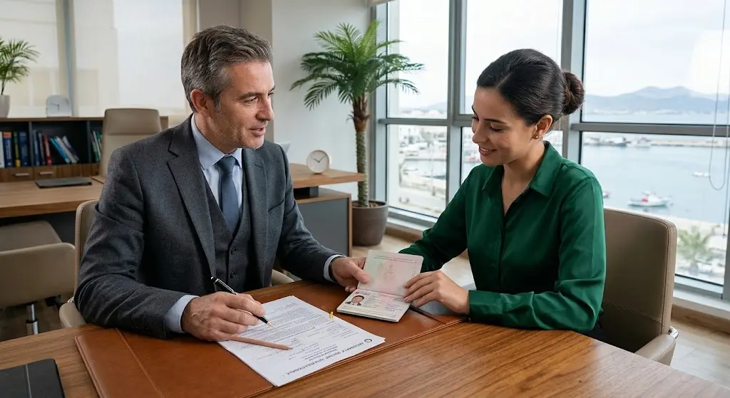 Un conseiller examine avec un client un passeport et un document d'assurance.